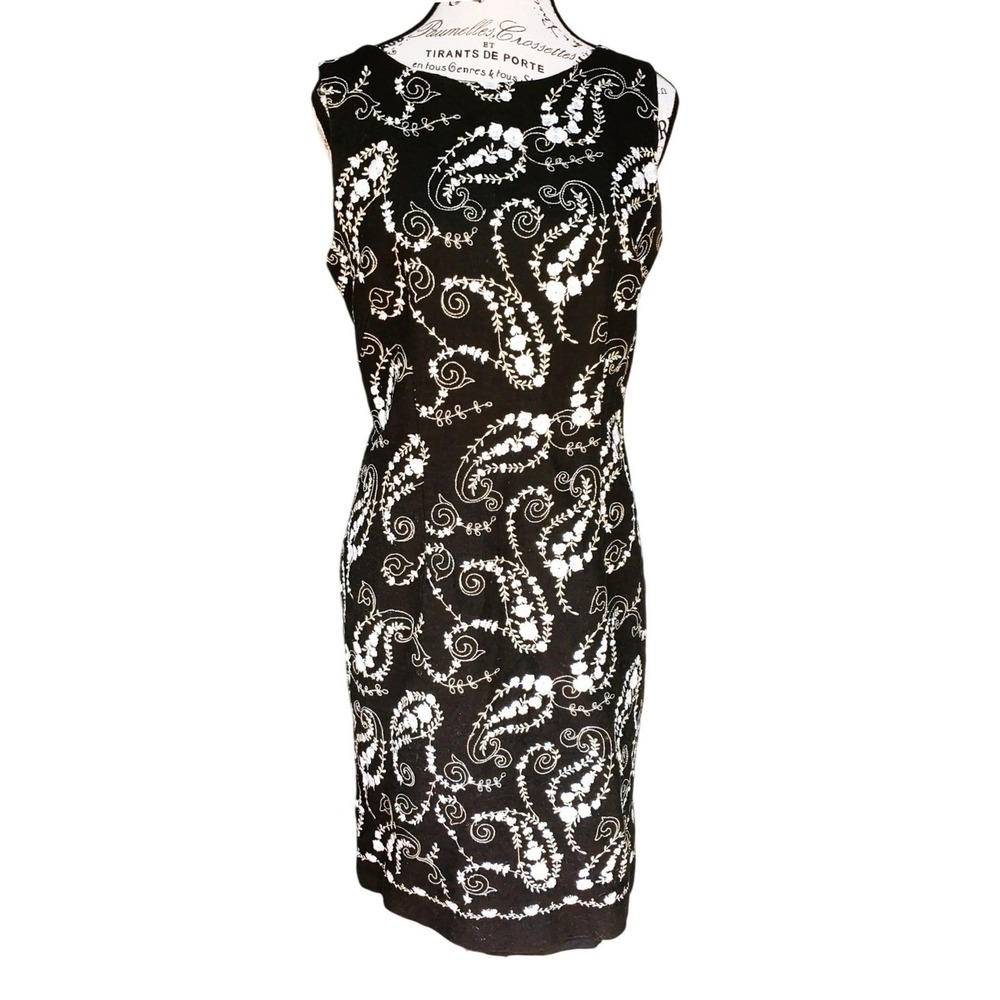Liz Claiborne Shift Dress Womens 8 Black Linen Floral Paisley Embroidered